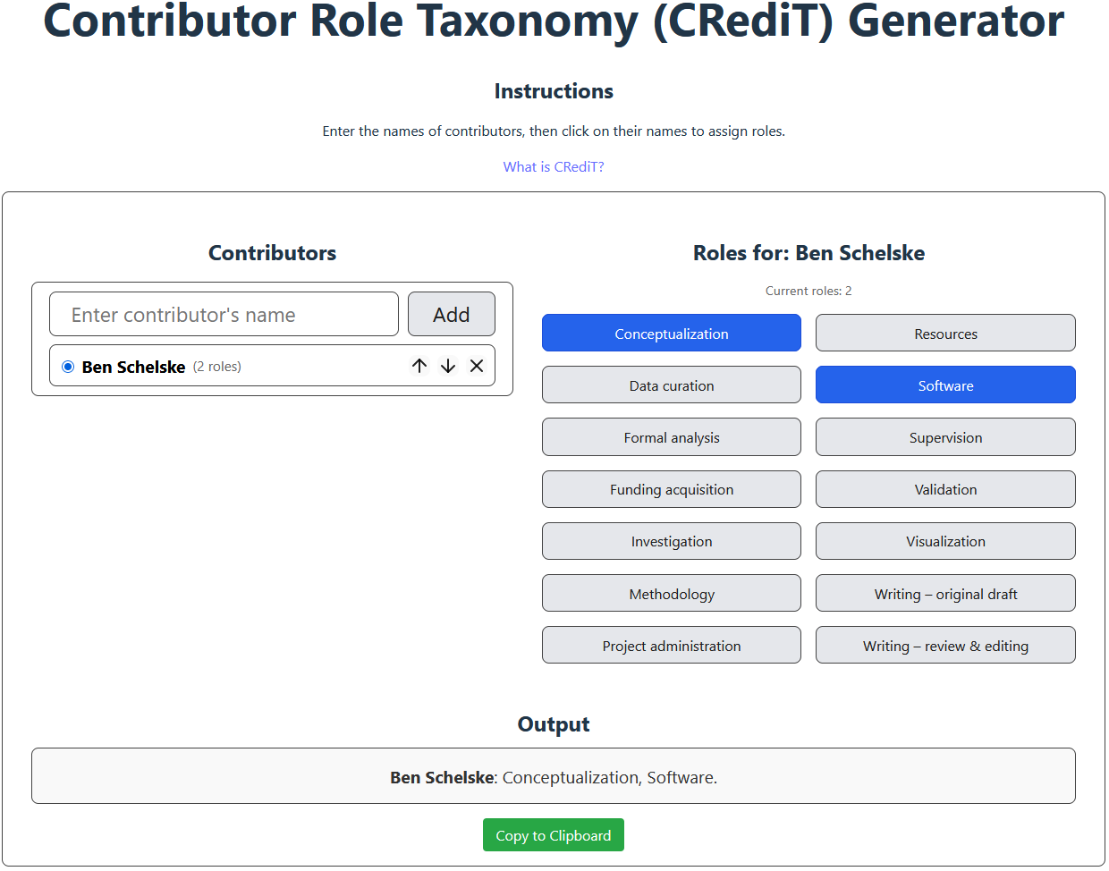 Screenshot of CRediT role generator